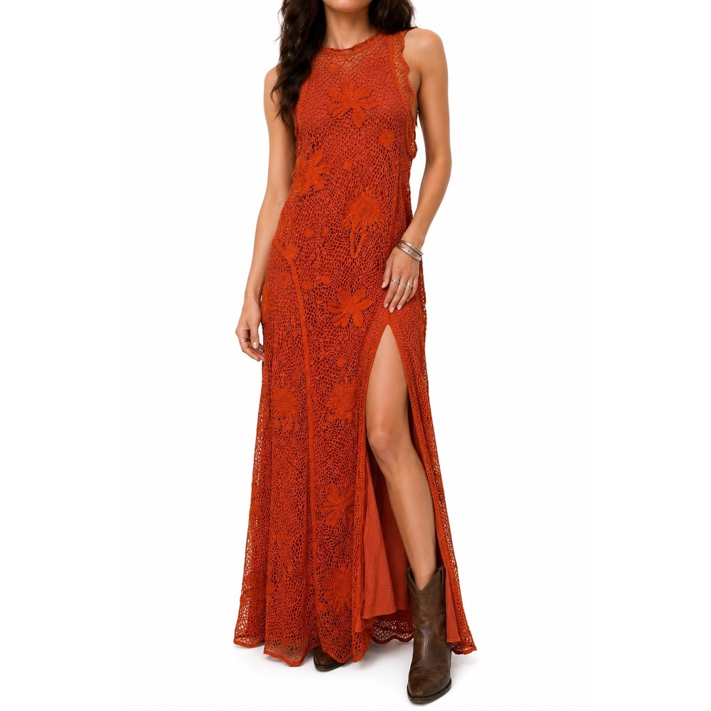 H&M Orange Crochet Maxi Dress Side Slit Sleeveless Boho Coastal Resort M/L NWT